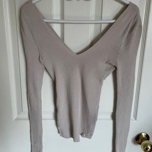 Ribbed deep V, wide shoulder long sleeve top